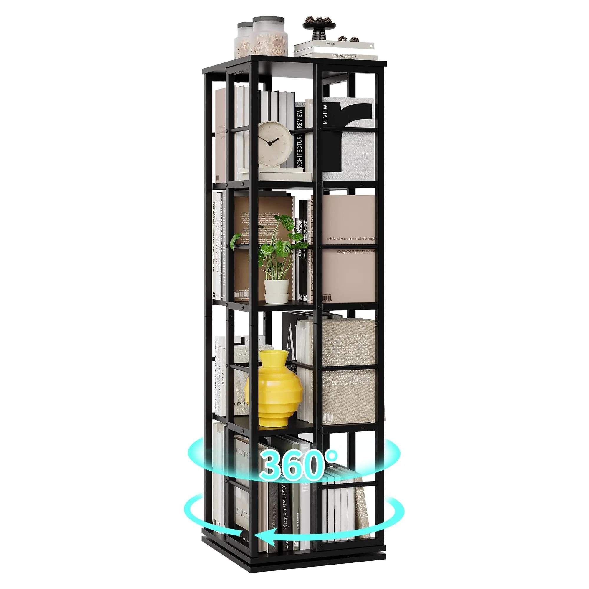 4-Tier 360° Rotating Metal Bookshelf with 16 Compartments | Slim Corner Storage Rack 54 Inch Floor Standing