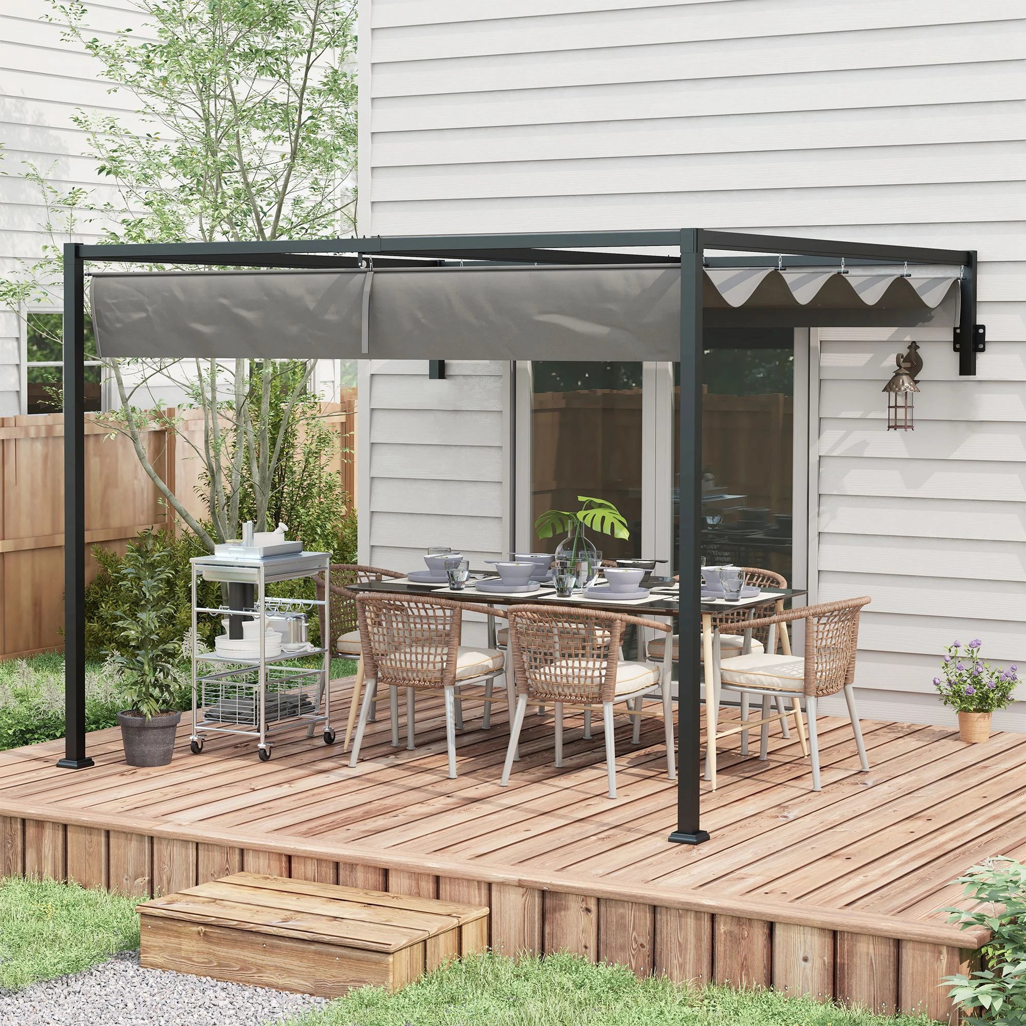 Lean To Pergola 2x3m with Retractable Roof Wall Mounted Garden Gazebo Sun Shade Shelter Dark Grey