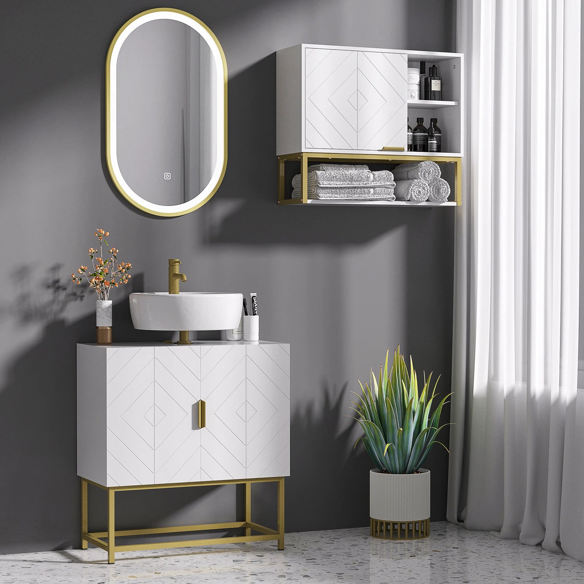 White Under Sink Bathroom Cabinet with Gold Detail | 60x30x65cm Wooden Basin Cupboard with 2 Doors