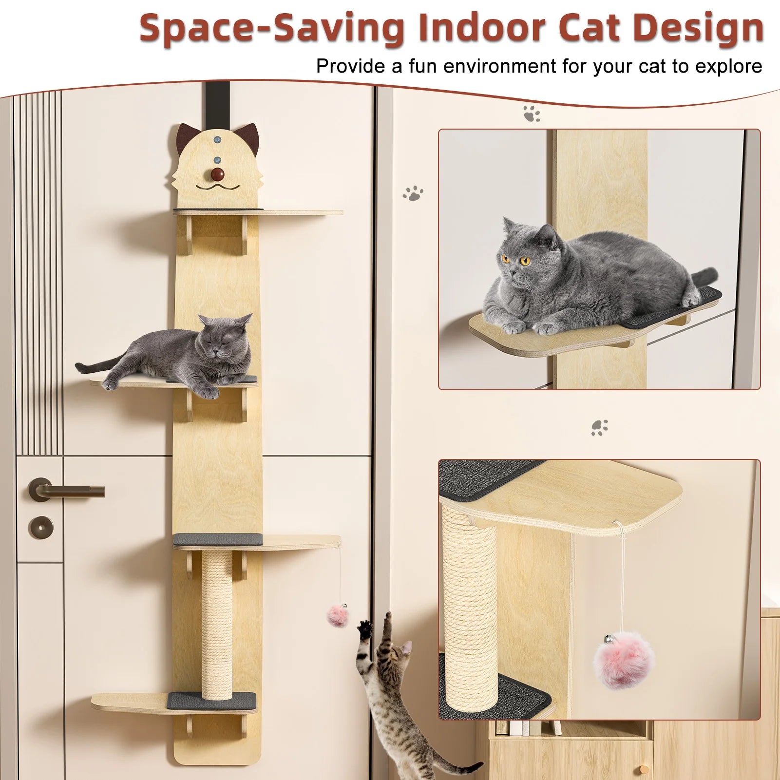 4 Tier Vertical Cat Tree Over The Door Hanging Shelves Scratching Post Tease Ball for Cats