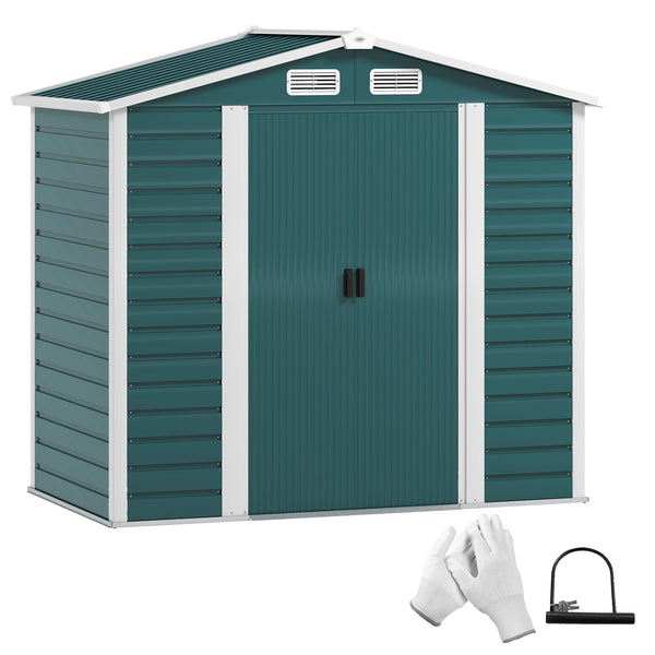 7 x 4ft Metal Garden Shed with Sliding Doors, Apex Roof and Vents, Green