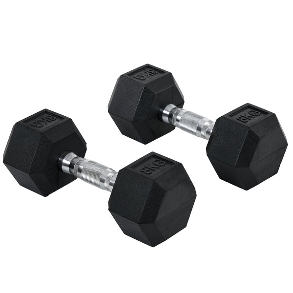 2 x 8kg Rubber Hex Dumbbells, Pair of Hand Weights with Knurled Handle, Black