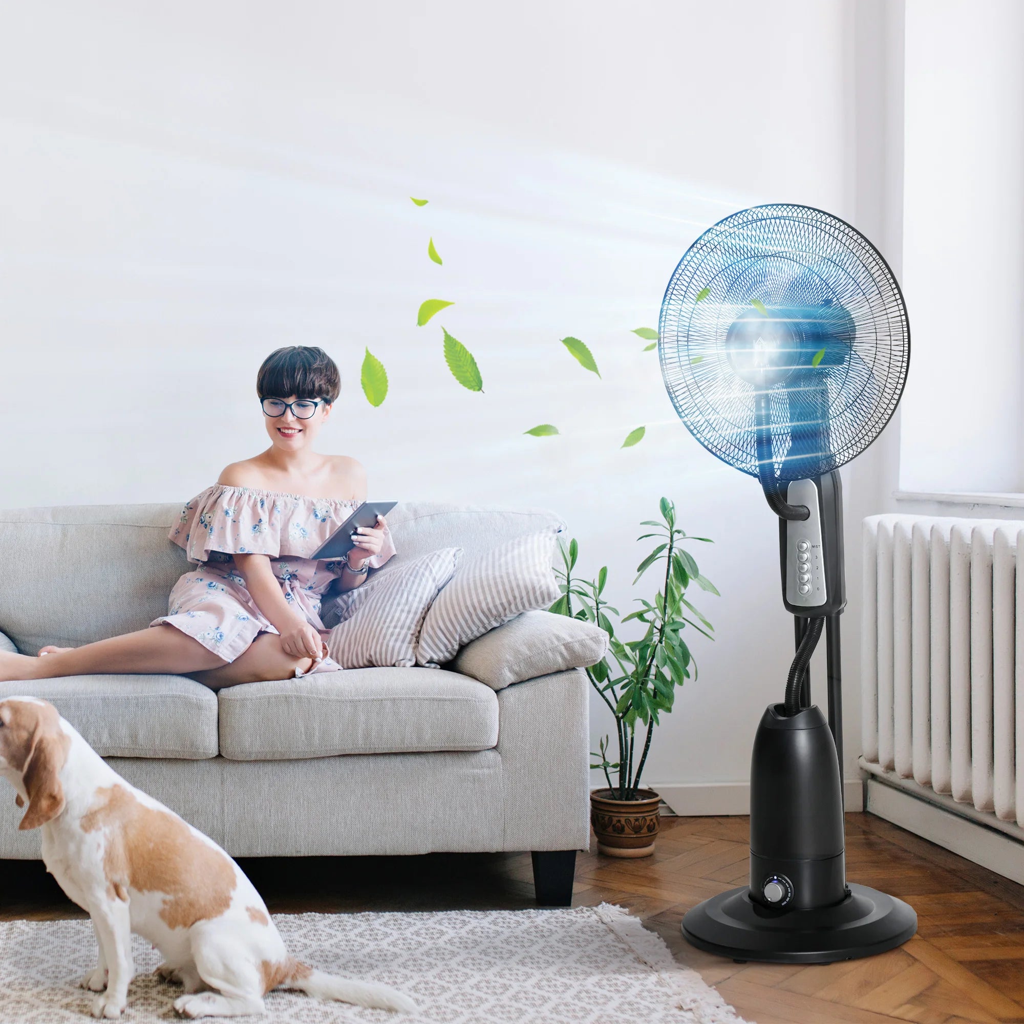 18 Inch Pedestal Misting Fan 90W 2.8L Water Tank 3 Speeds 70° Oscillation 10° Tilt with Wheels for Home Black