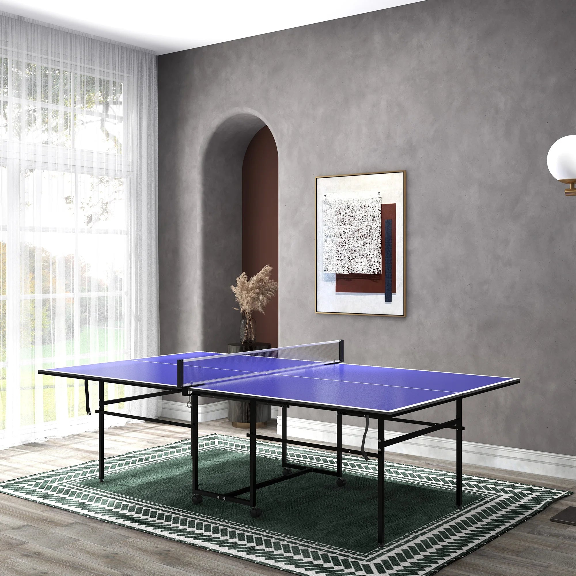 9FT Foldable Table Tennis Table Full Size with Net Paddles Balls Cover Rolling Casters for Home and Club Blue
