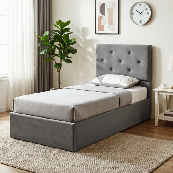 90 x 190cm Single Gas Lift Storage Bed Frame, Dark Grey Velvet Button-Tufted Headboard, BS5852 Fire-Retardant