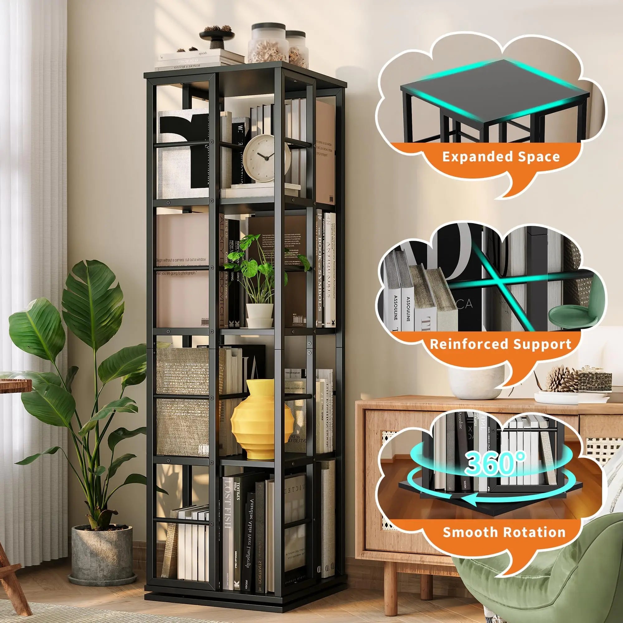 4-Tier 360° Rotating Metal Bookshelf with 16 Compartments | Slim Corner Storage Rack 54 Inch Floor Standing