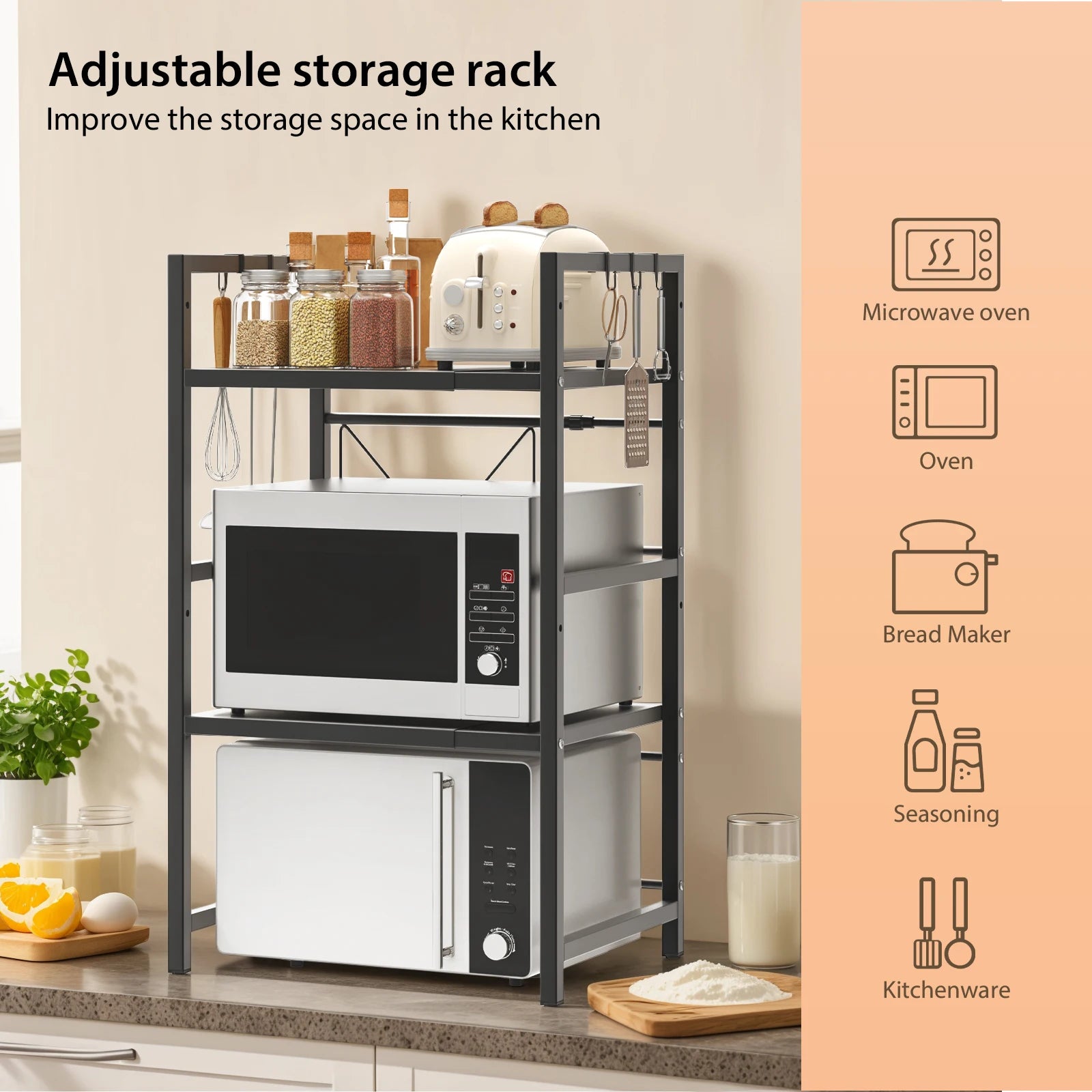 3-Tier Expandable Metal Microwave Shelf with Adjustable Height | Kitchen Storage Rack with 6 Hooks 40kg Capacity