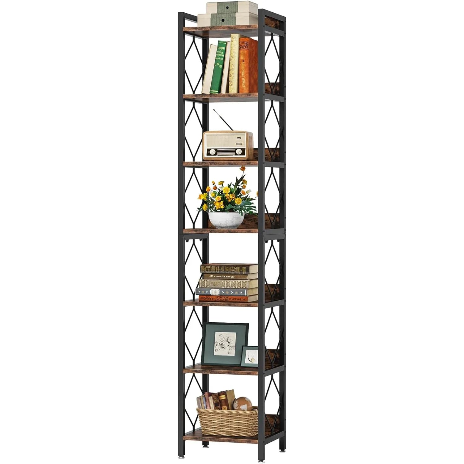 78 Inch Extra Tall 7-Tier Narrow Corner Bookshelf | Rustic Brown Industrial Freestanding Display Shelf