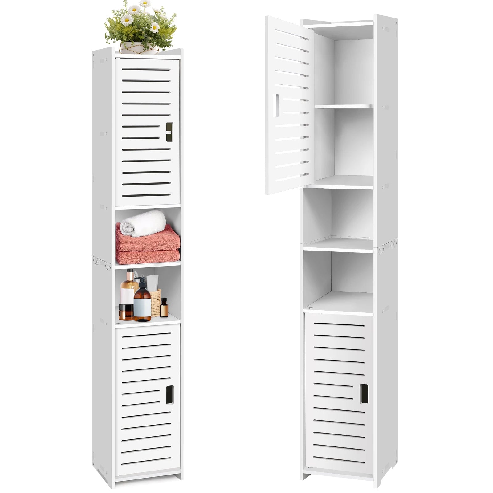 Tall White PVC Bathroom Cabinet 116cm with 2 Doors and 5 Tiers | Freestanding Waterproof Floor Storage Unit