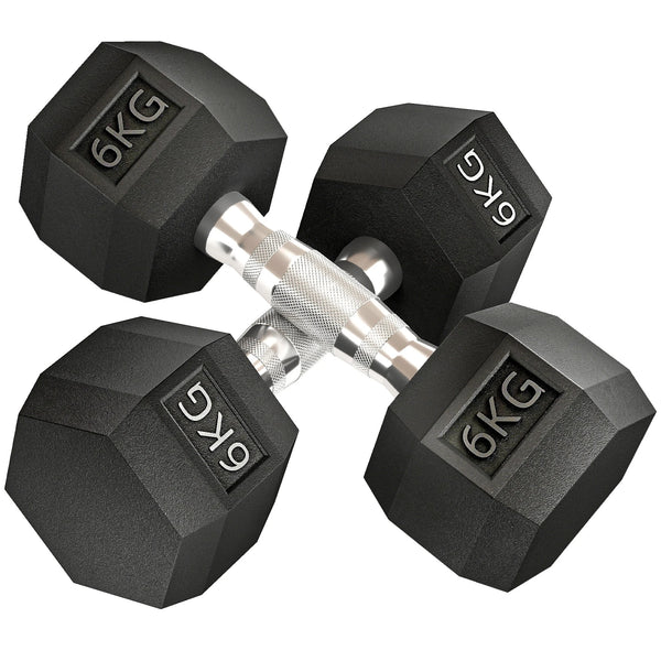 2 x 6kg Rubber Hex Dumbbells, Pair of Hand Weights with Knurled Handle, Black
