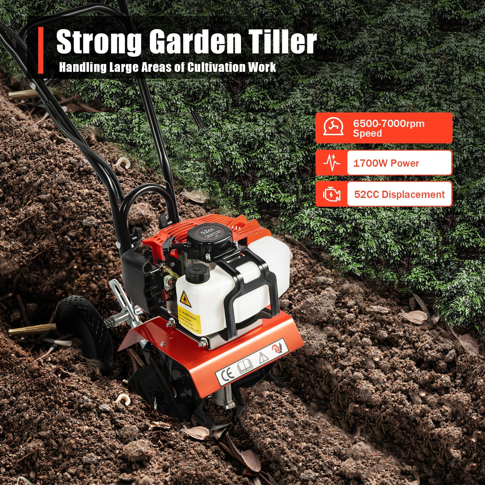 52CC 1700W Petrol Garden Tiller Cultivator 4 Blade Rotary Soil Loosening Machine for Farm Garden Cultivation