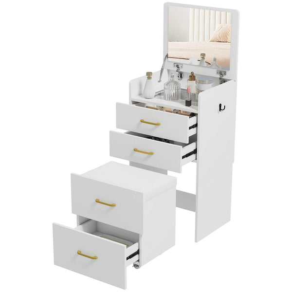 Dressing Table Set with Flip-Up Mirror and Cushioned Stool, White