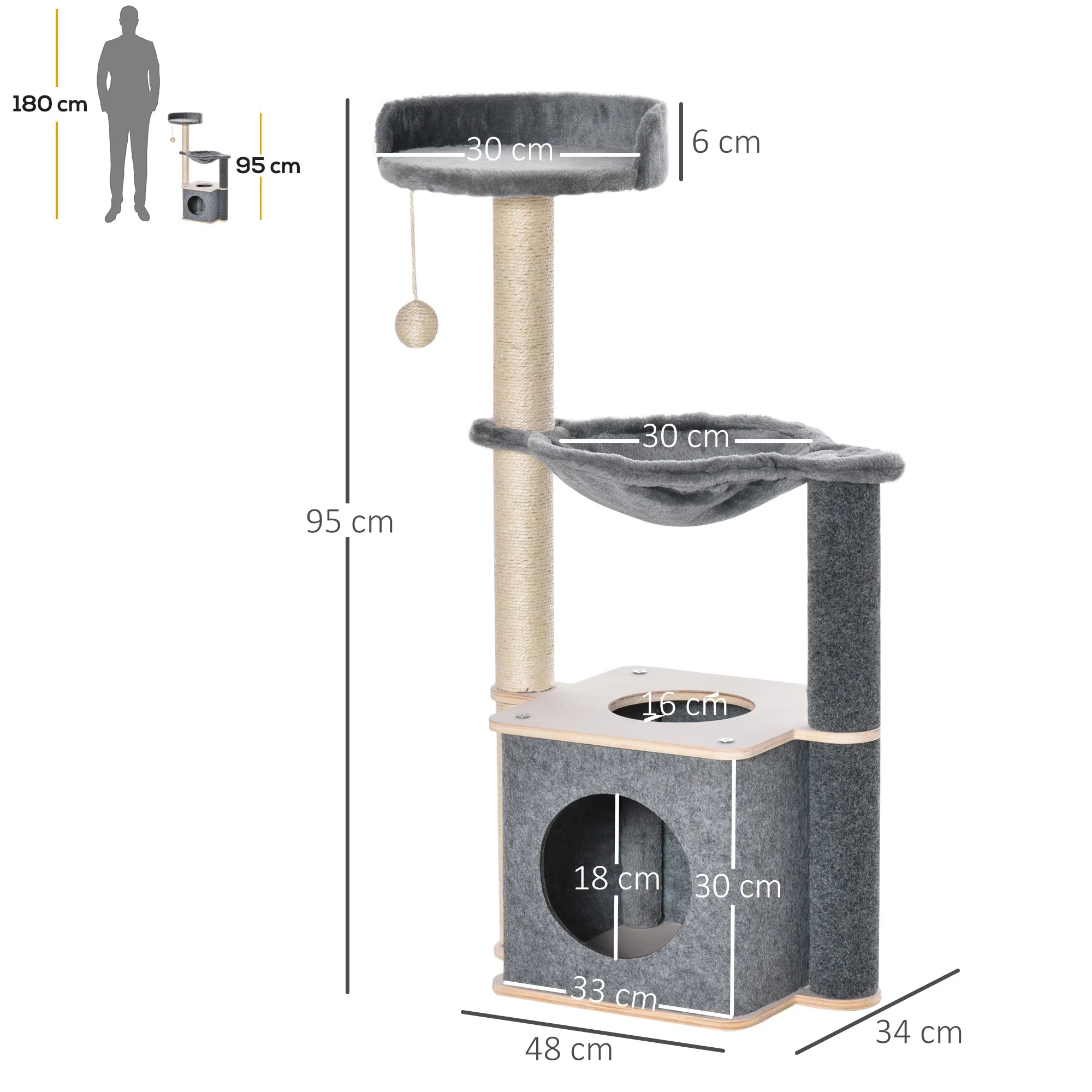 95cm Cat Tree Tower | Sisal Scratching Post, Condo, Hammock & Perch for Cats