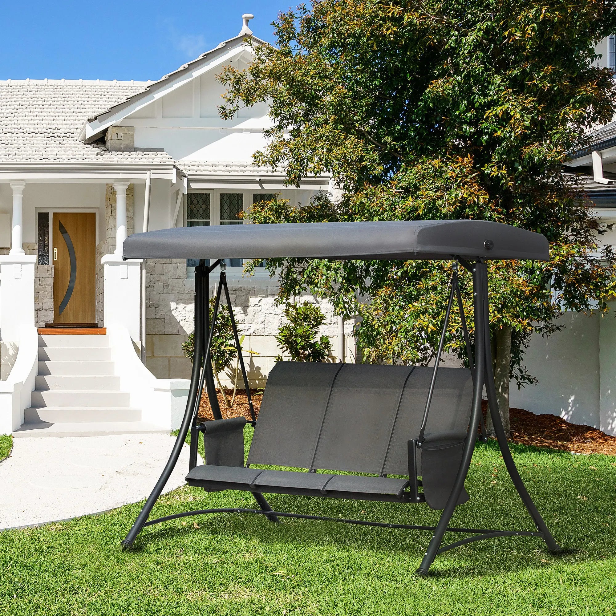 3-Seater Garden Swing Chair with High Back, Adjustable Canopy, Mesh Seat and Side Pouches