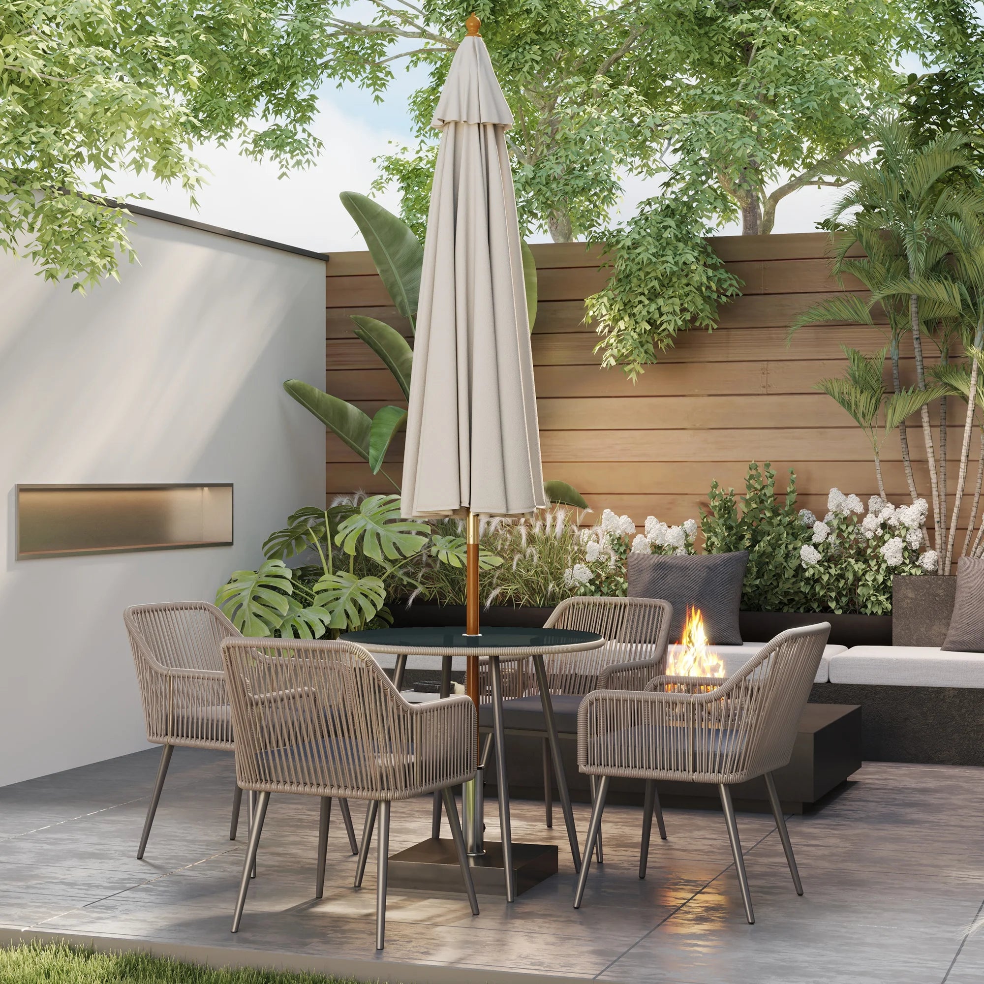5-Piece Rattan Garden Dining Set with 4 Armchairs, Glass Top Table and Parasol Hole