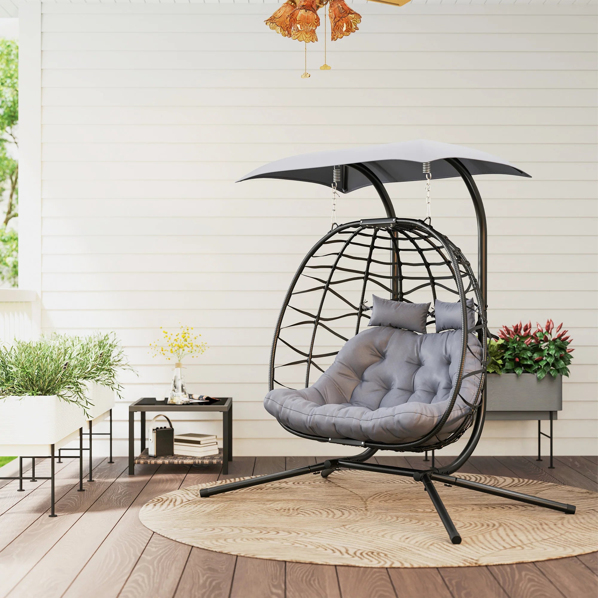 Double Rattan Hanging Egg Chair with Sunshade Canopy, Thick Cushion and Removable Headrests for 2 People