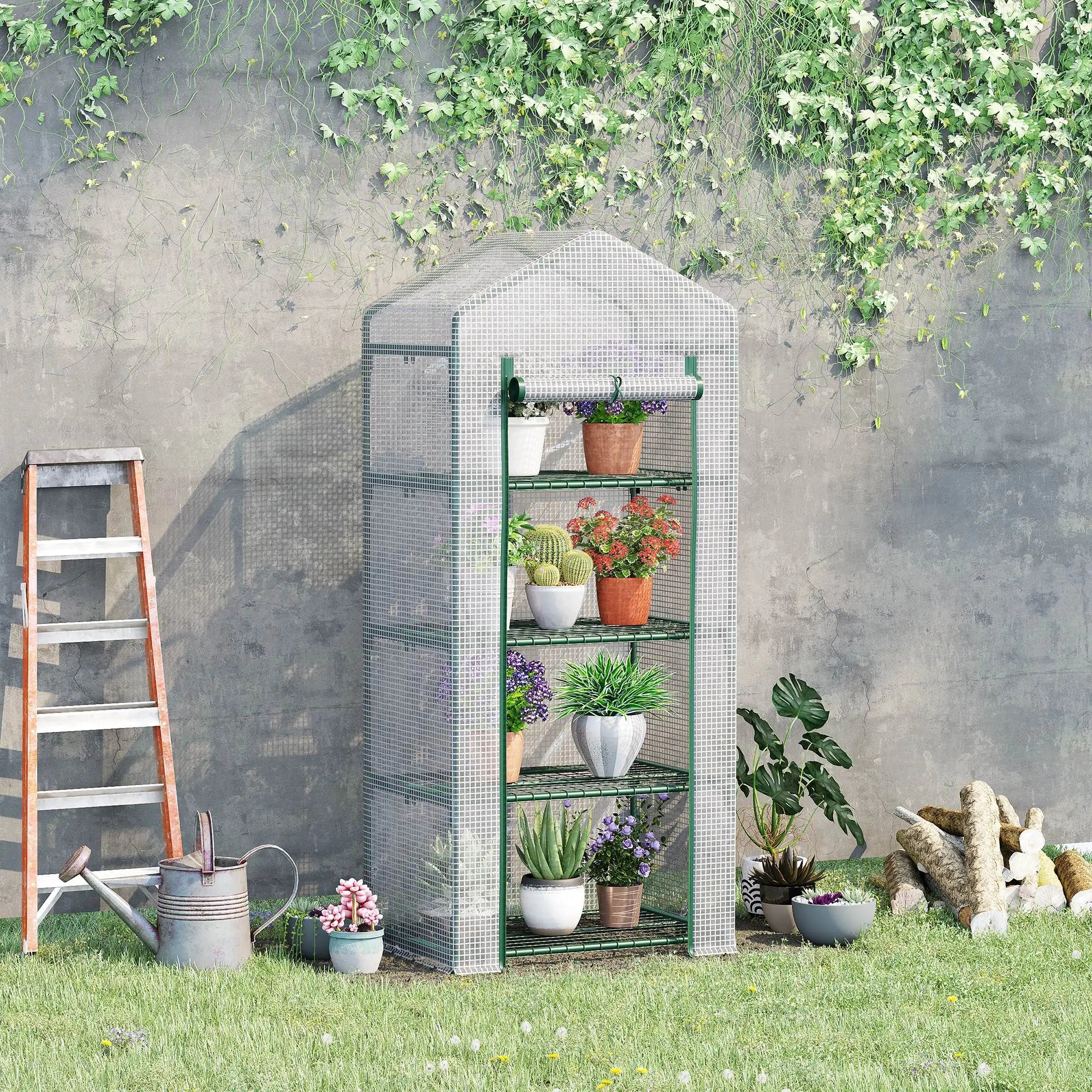 4 Tier Portable Mini Greenhouse Plant Shed with PE Cover and Roll-Up Zip Door for Balcony Patio and Garden