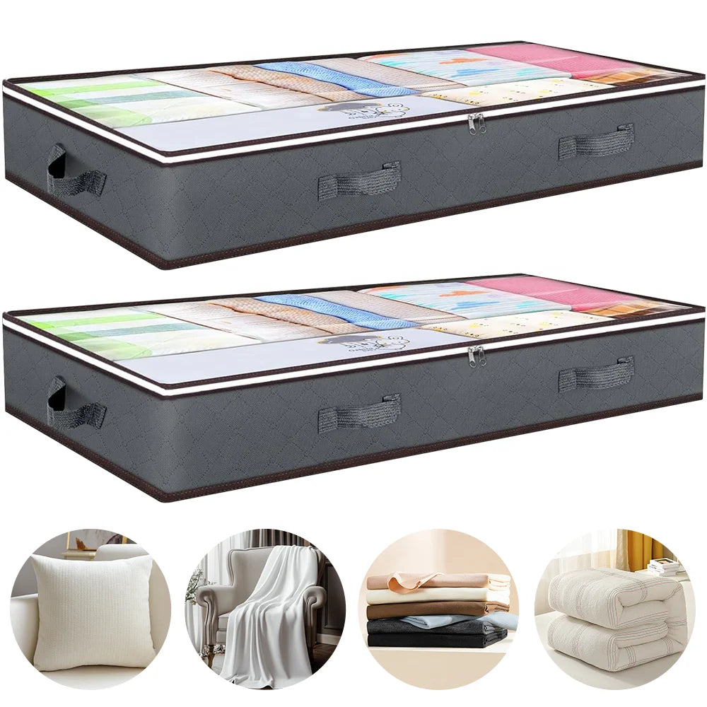 2 Pack Under Bed Storage Bags 90L Large Foldable Organiser with Transparent Window Handles Zips Grey 100x50x15cm