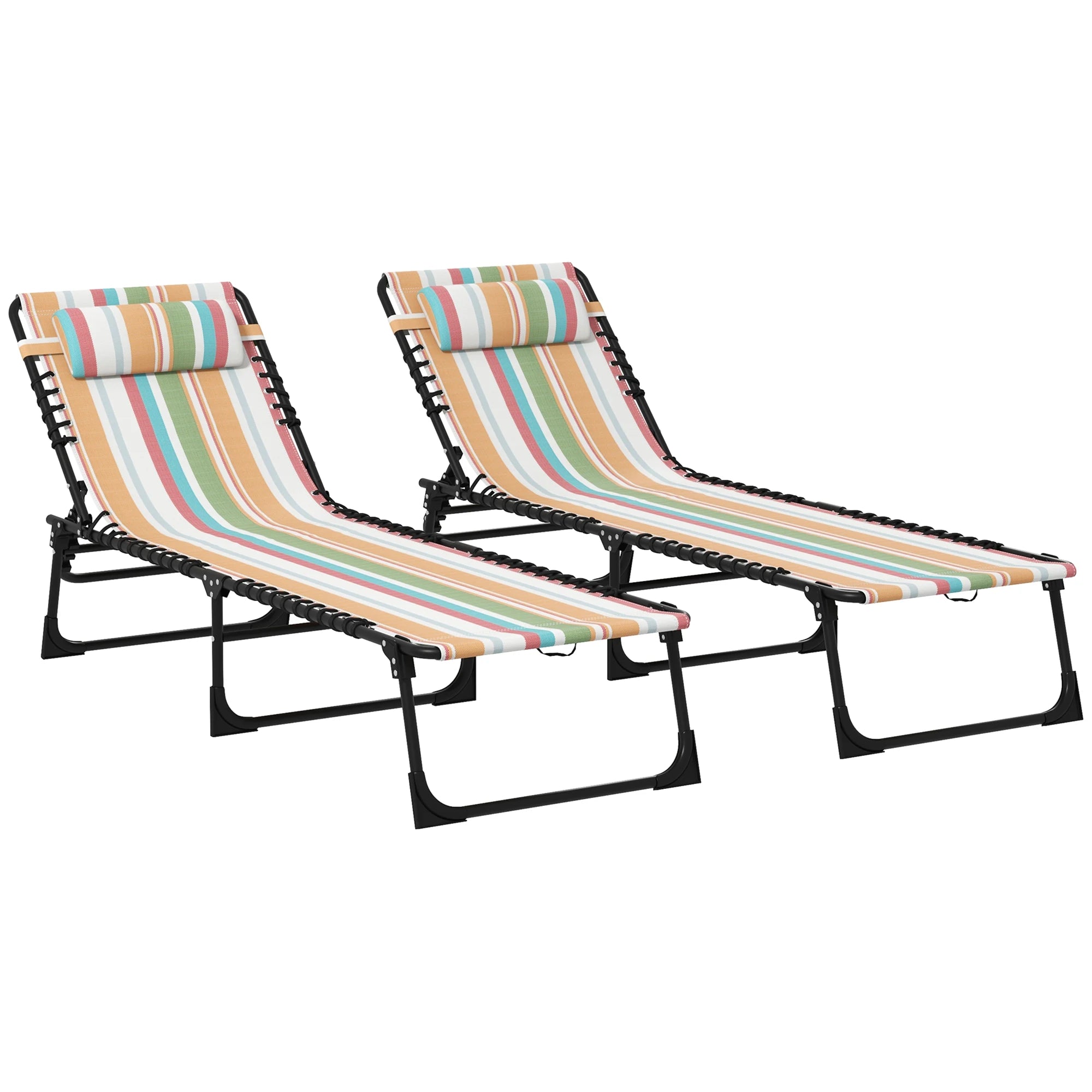 2 Piece Sun Lounger Set Folding Reclining Chaise Chair with 4 Position Backrest and Steel Frame for Beach Pool and Patio