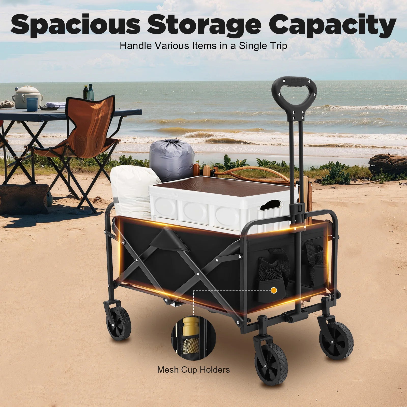 Folding Wagon Garden Cart 80kg 5 Inch Rubber Wheels Adjustable Handle 2 Cup Holders for Camping Shopping Outdoor