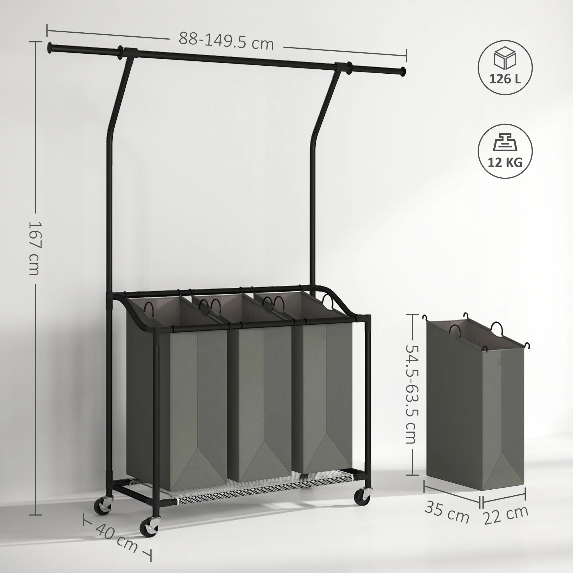 126L Laundry Sorter with 3 Bags & Wheels | Rolling Laundry Basket Organiser Dark Grey