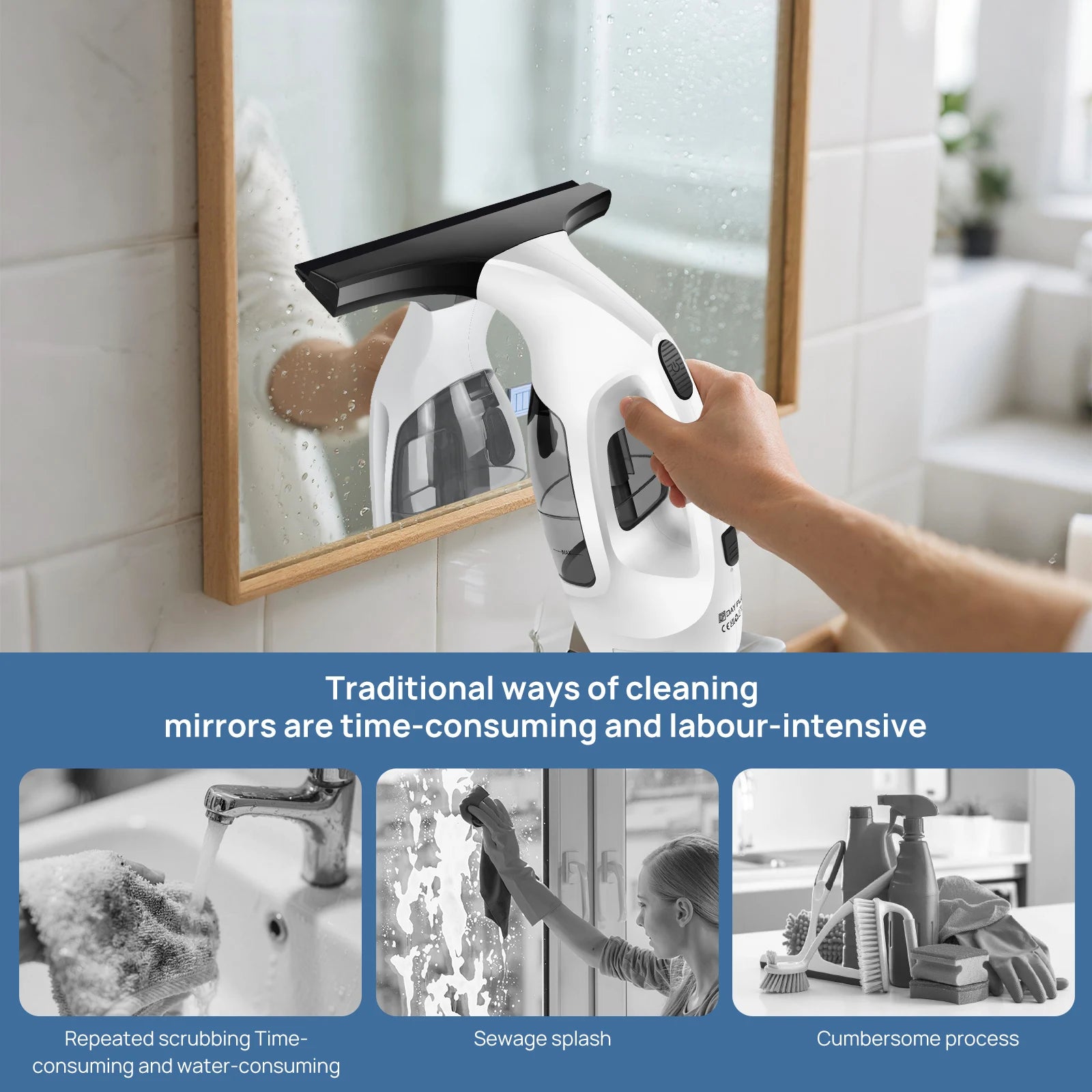 Cordless Window Vacuum Cleaner 10KPA Electric Squeegee 3500mAh with 300ml Spray Bottle for Windows Mirrors Tiles