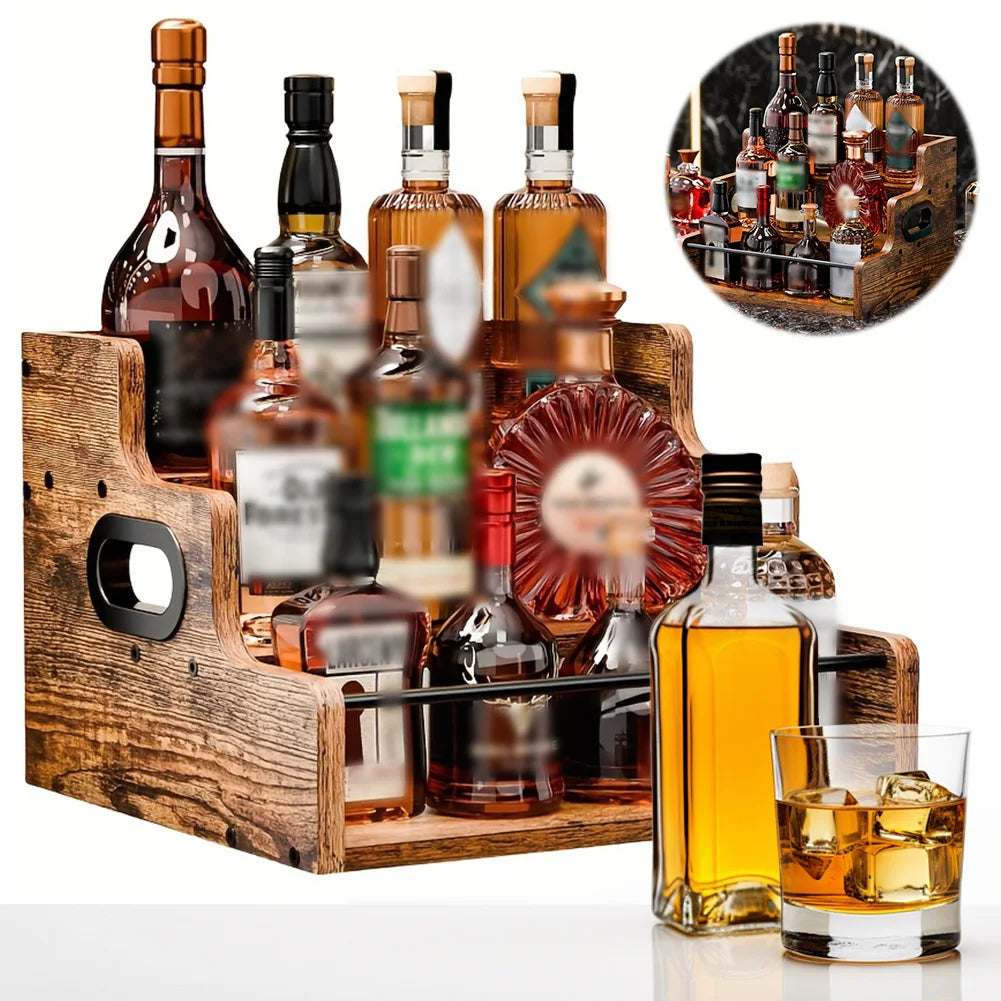 3-Tier Countertop Liquor Display Shelf | Retro Wood and Iron Whiskey Wine Bottle Rack for Home Bar Kitchen