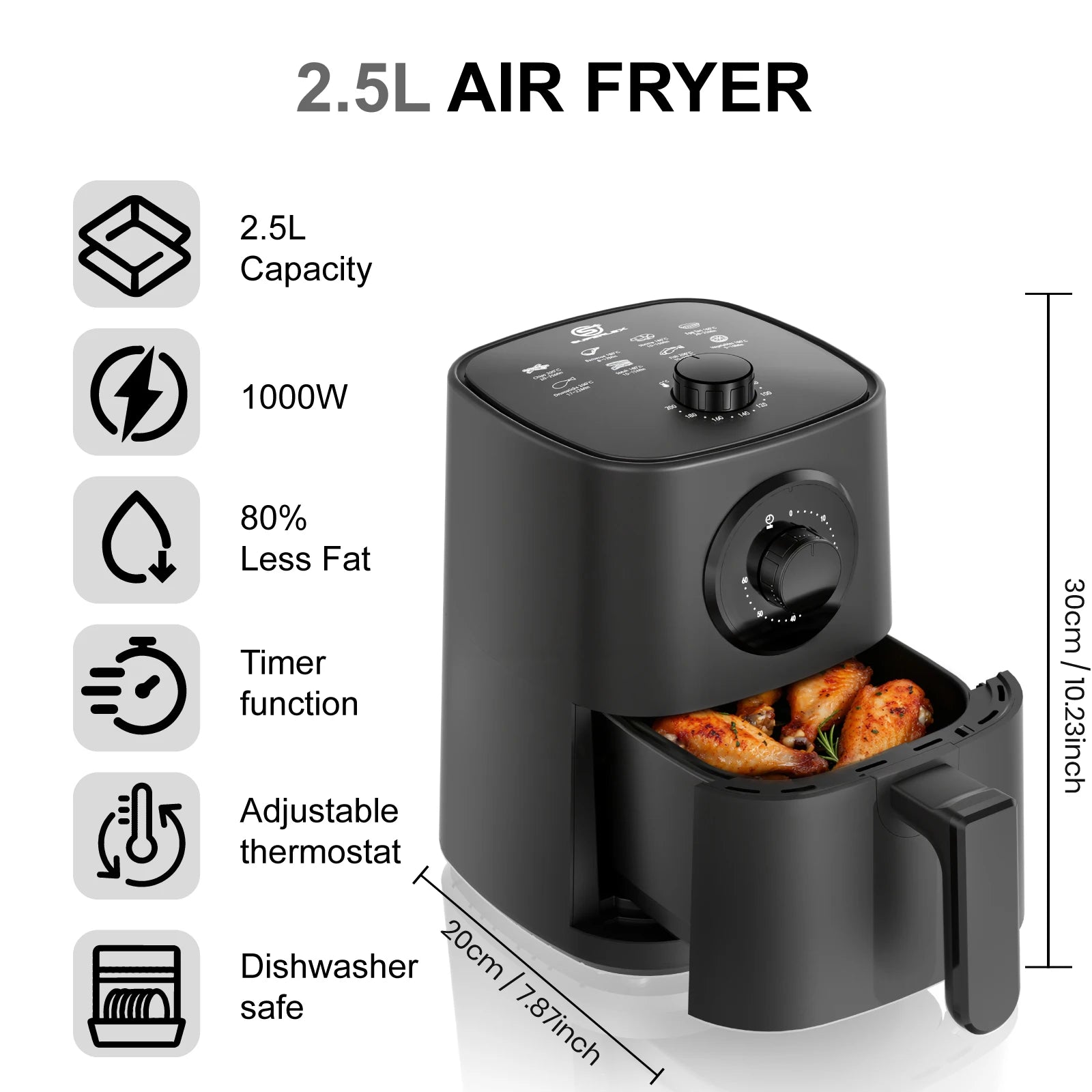 2.5L Air Fryer 1000W with Temperature Control Timer Non-Stick Basket and High-Speed Air Circulation for Healthy Home Cooking
