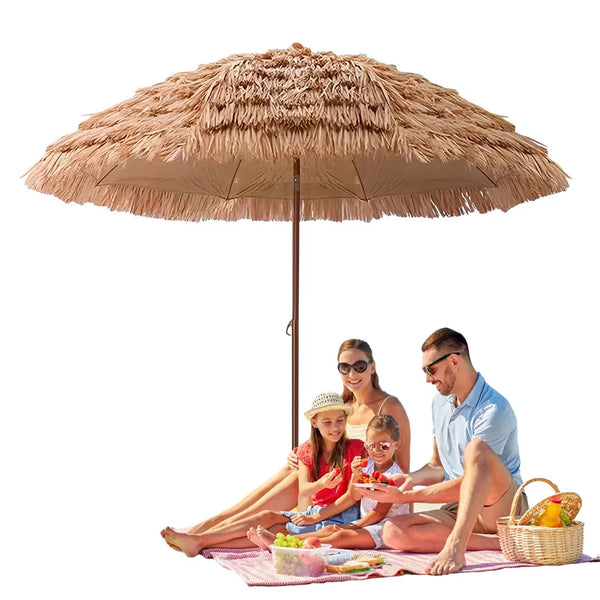 6.23ft/1.9m Thatched Tiki Beach Umbrella, Height Adjustable Natural Garden Patio Umbrella, 8 Ribs