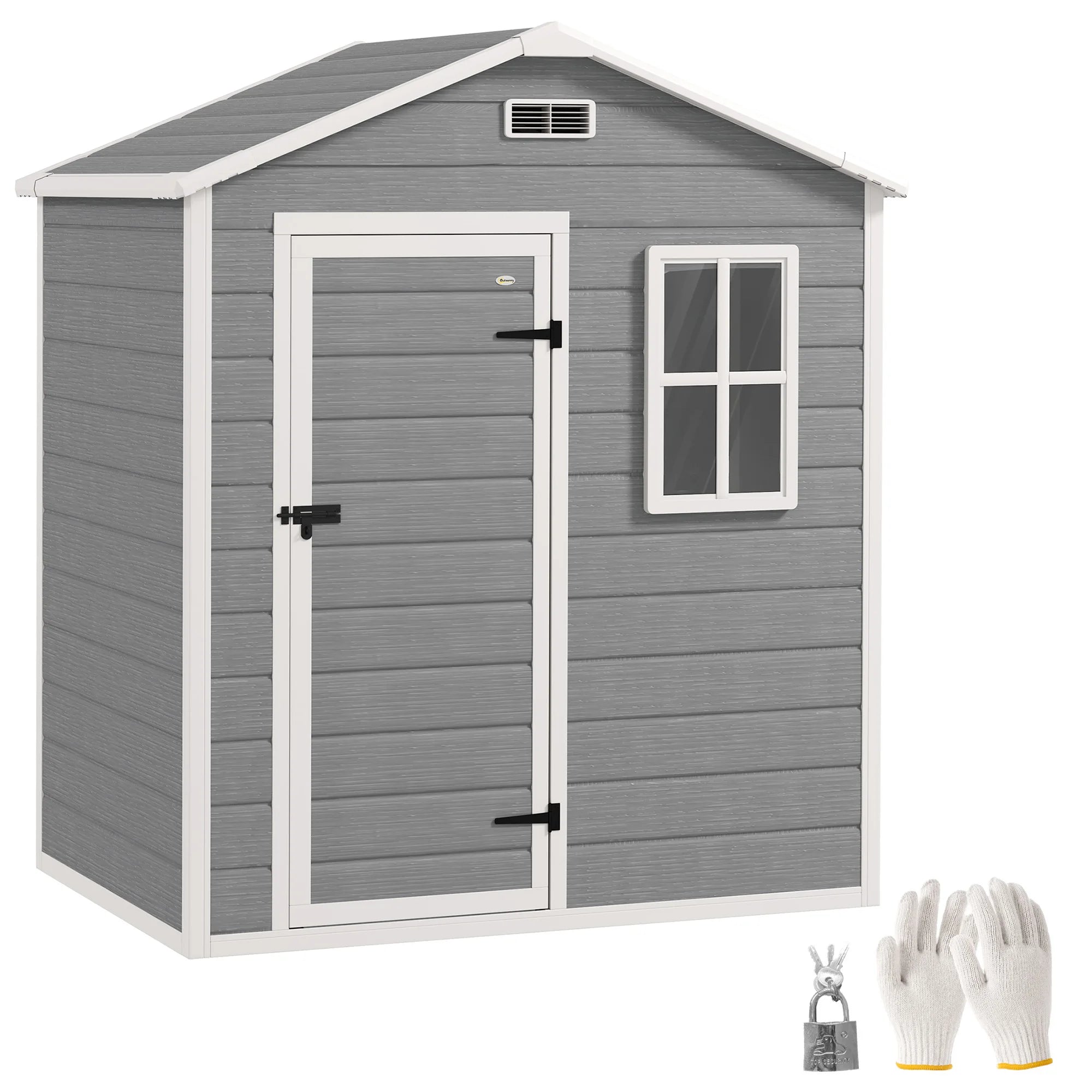 6 x 4ft Plastic Garden Shed with Floor, Window, Lockable Door and Dual Vents - Wood Effect Finish