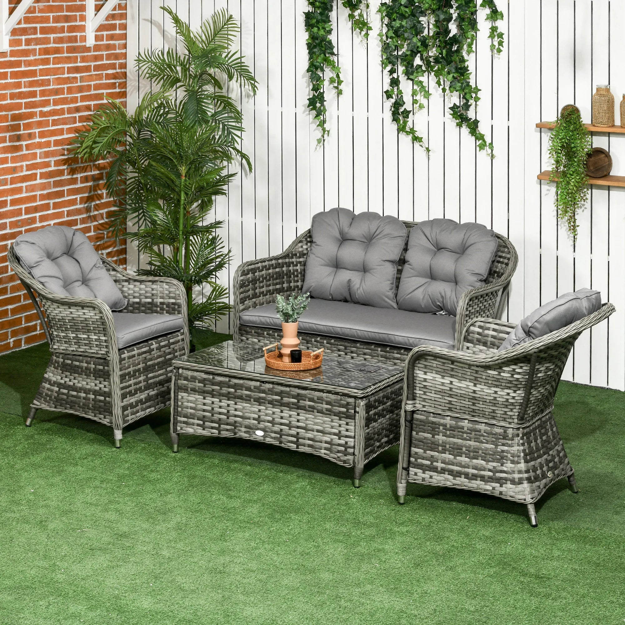 4 Piece PE Rattan Garden Sofa Set with Aluminium Frame Cushions and Glass Top Coffee Table for Patio Conservatory and Outdoor Use