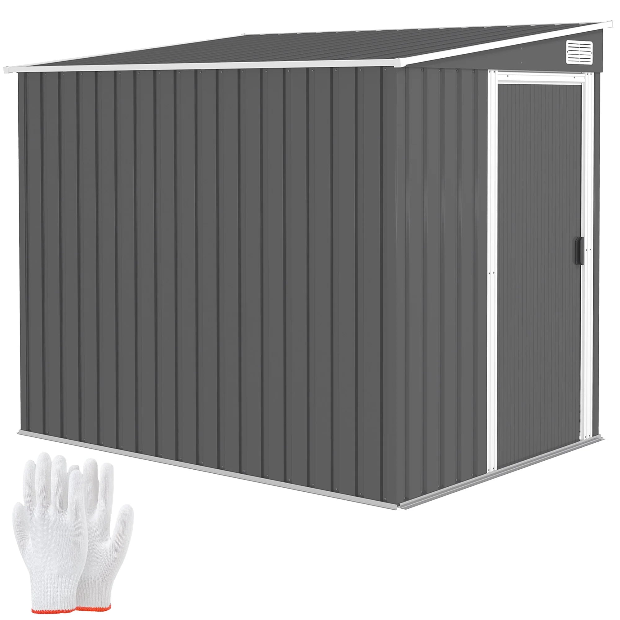 7 x 5ft Galvanised Metal Lean-To Garden Shed with Sliding Door, Foundation, Shelves and Vents