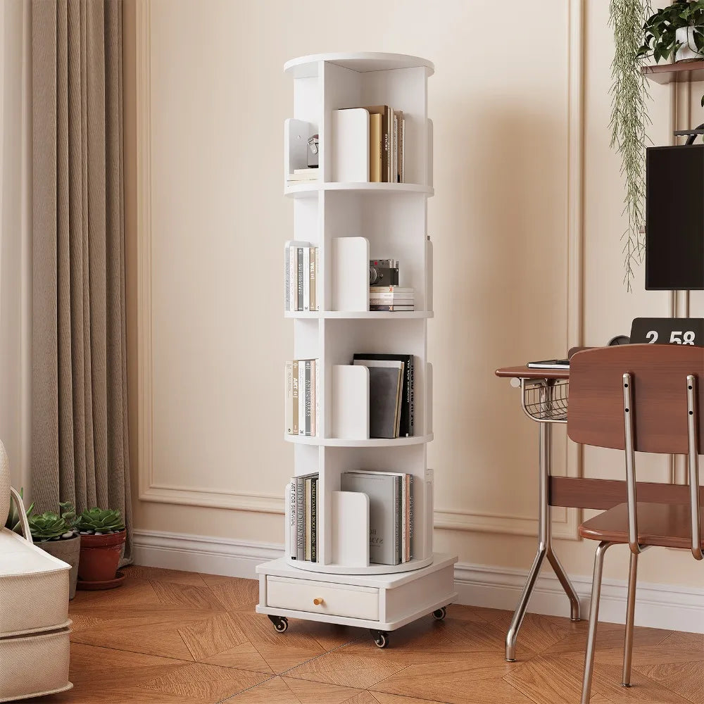 360° Rotating Bookshelf with 4 Tiers and Bottom Drawer | 145cm White Floor Standing Storage Shelf on Wheels