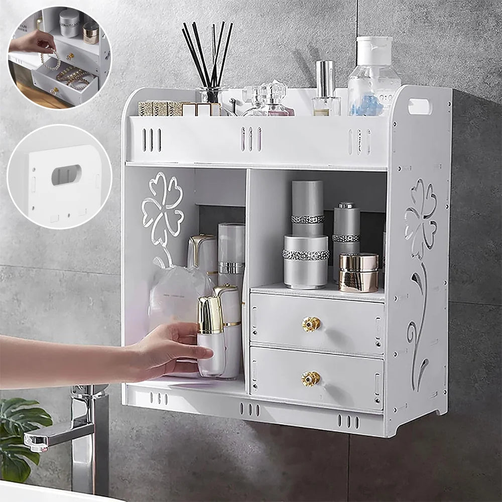 White Wall Mounted Bathroom Cabinet with Double Doors and 2 Drawers | 38x43x18cm Wooden Storage Cupboard
