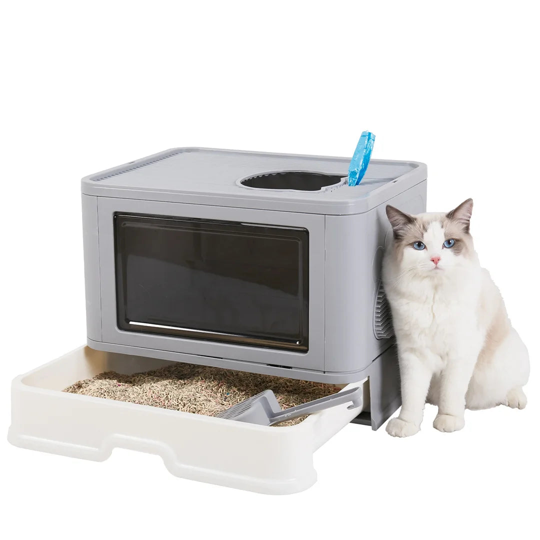 Enclosed Cat Litter Box Foldable 50x38x37cm Front Entry Top Exit Drawer Massager Scoop Grey White