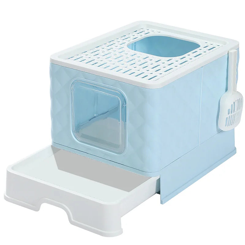 Foldable Enclosed Cat Litter Box 50.5x40.8x37cm Extra Large with Lid Scoop Grey Blue