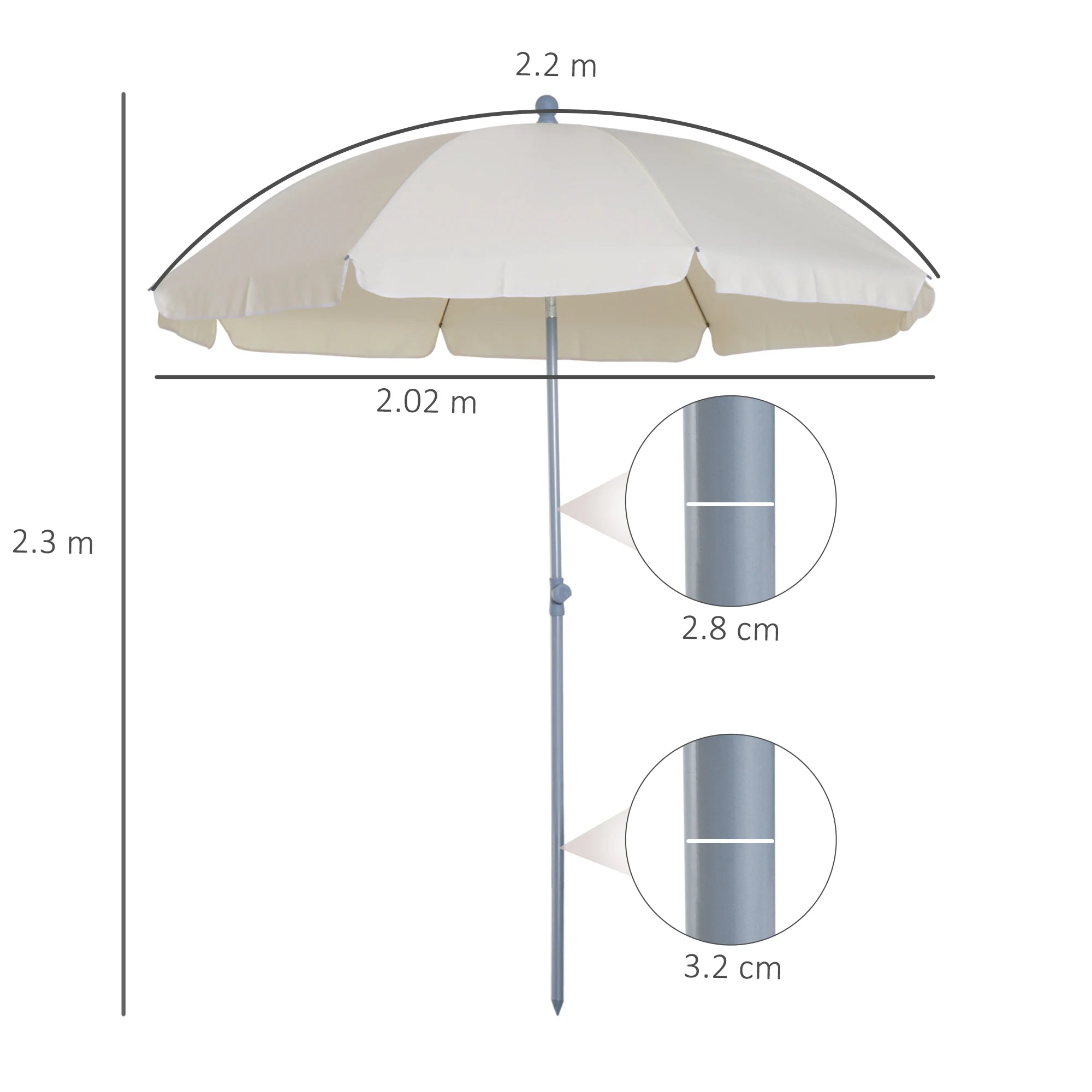 2.2m Beach Parasol Umbrella Tilting Function 8 Rib Steel Pole Fade Resistant Canopy for Garden Pool Deck Cream White