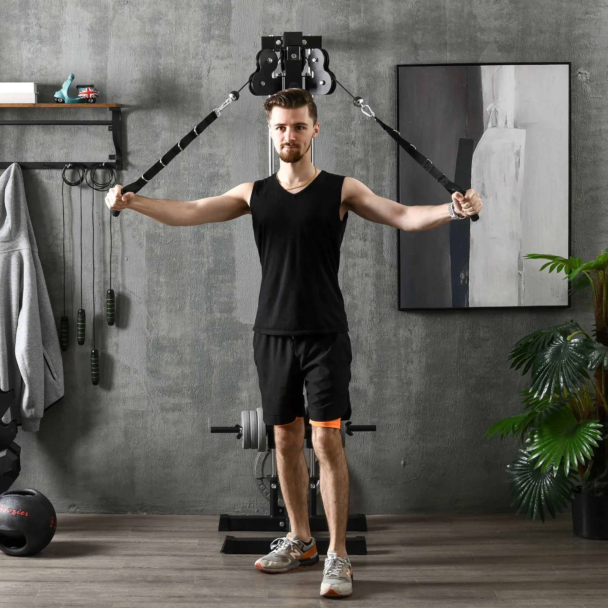 Wall Mount Cable Machine 15 Position Adjustable Dual Pulley System 120kg Capacity Home Gym Strength Training