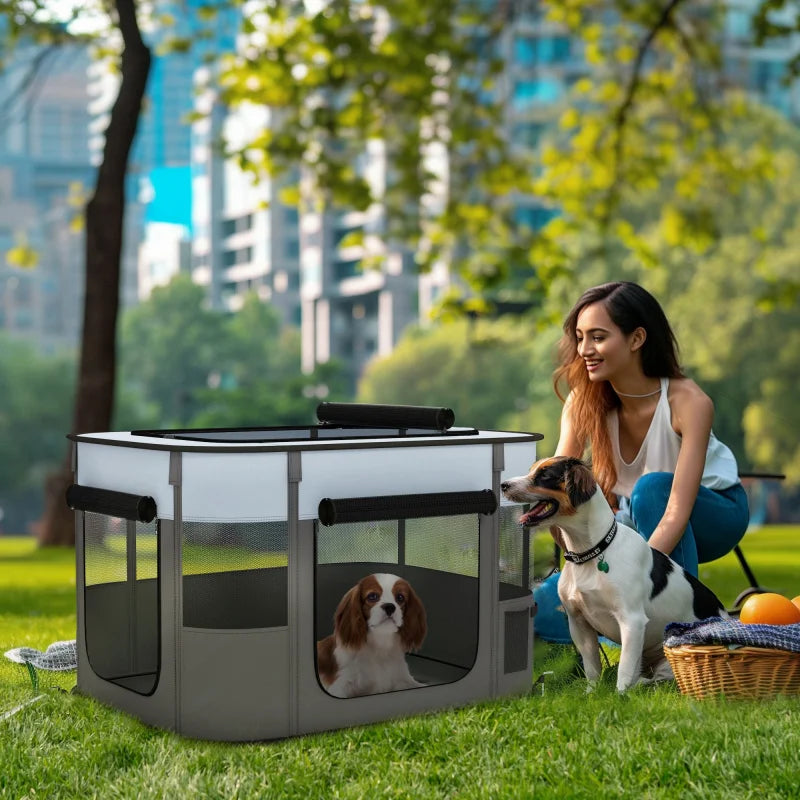 Foldable Dog Playpen with Storage Bag 84x64x53cm Ground Stakes for Indoor Outdoor Small Pets
