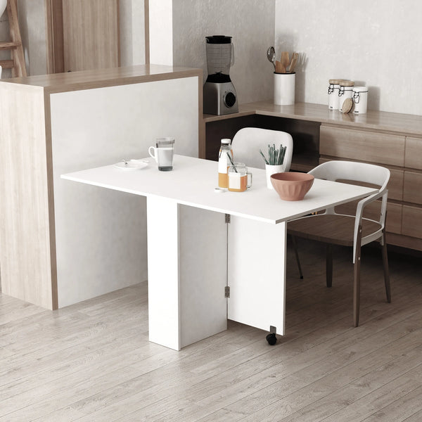 Mobile Drop Leaf Dining Table, Folding Table w/ 2 Wheels, White