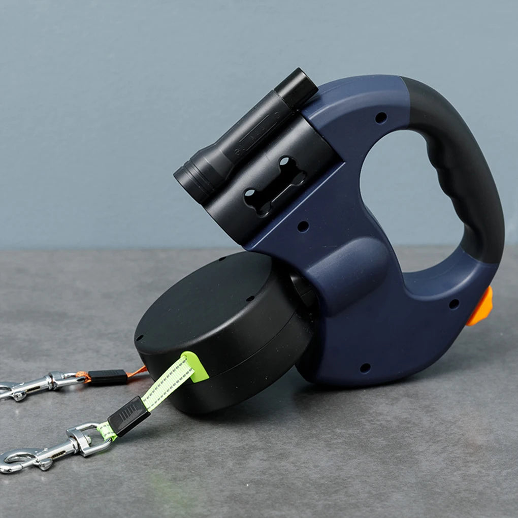Small Dog Leash Dual Retractable Heads LED Light 360° Rotatable Push Button for Pet Walking