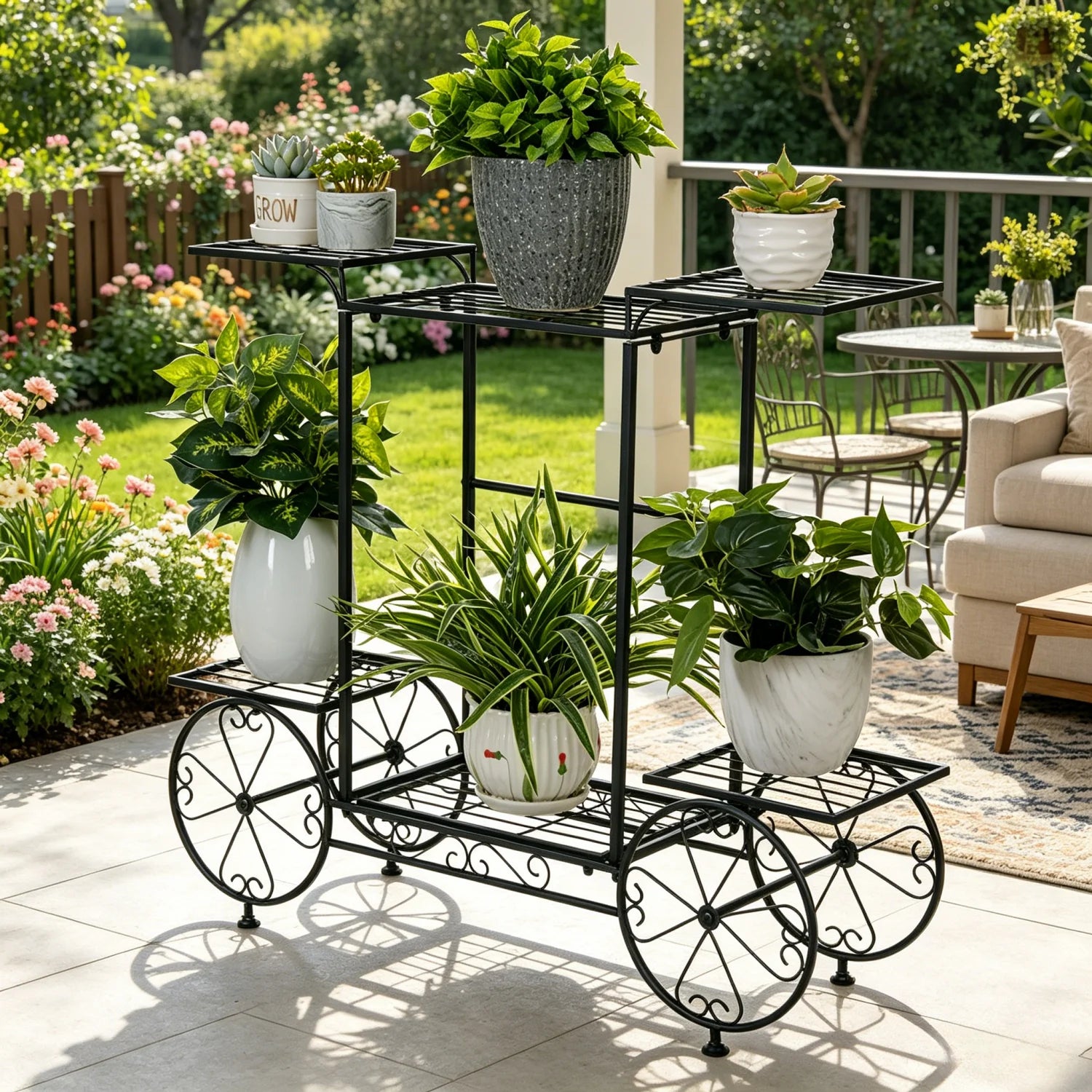 Metal Garden Cart Plant Stand 82x70.5cm Parisian Style 6 Tier Flower Display Rack for Indoor Outdoor Black