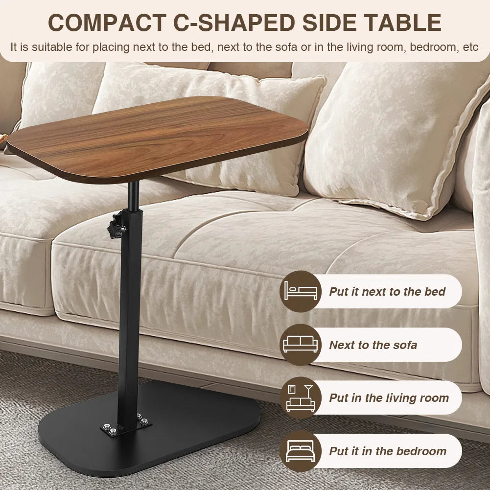 C-Shaped Side Table with Adjustable Height and 360 Rotation | Walnut Sofa End Table