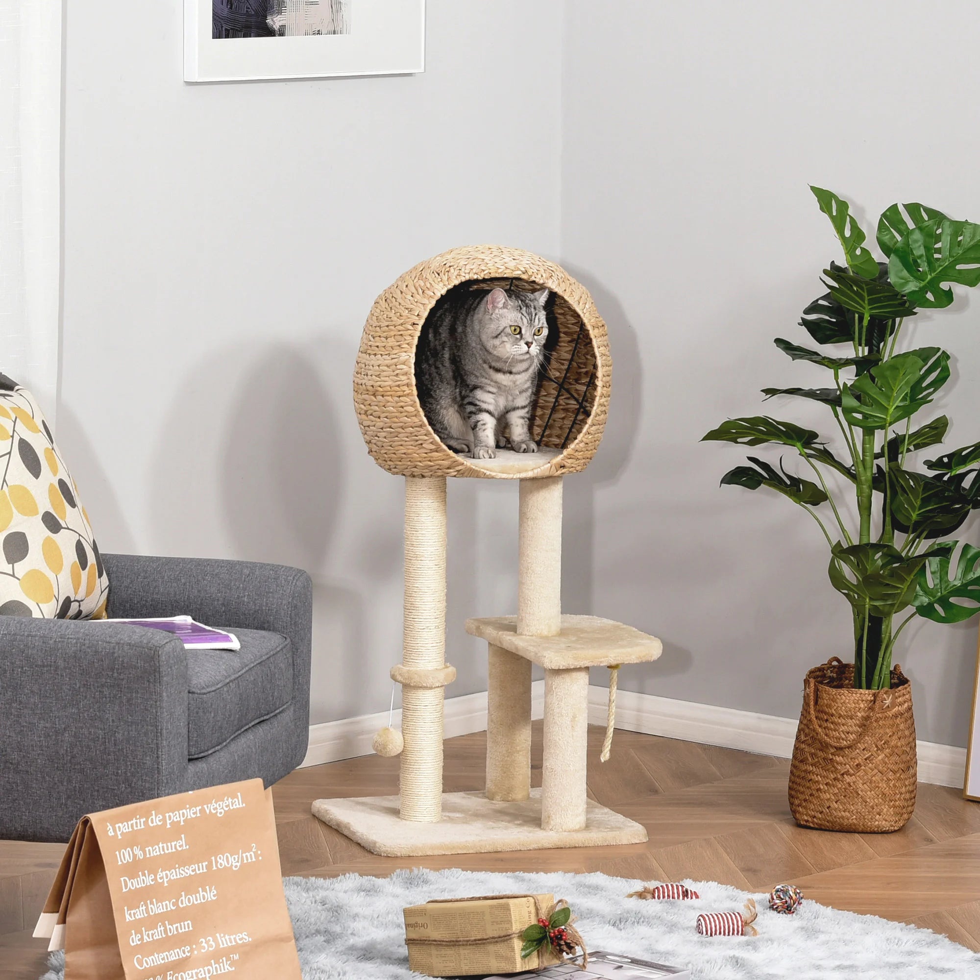 100cm Cat Tree Kitten Tower with Condo Perch Sisal Scratching Post 2 Toy Balls Cushion Beige Under 5kg