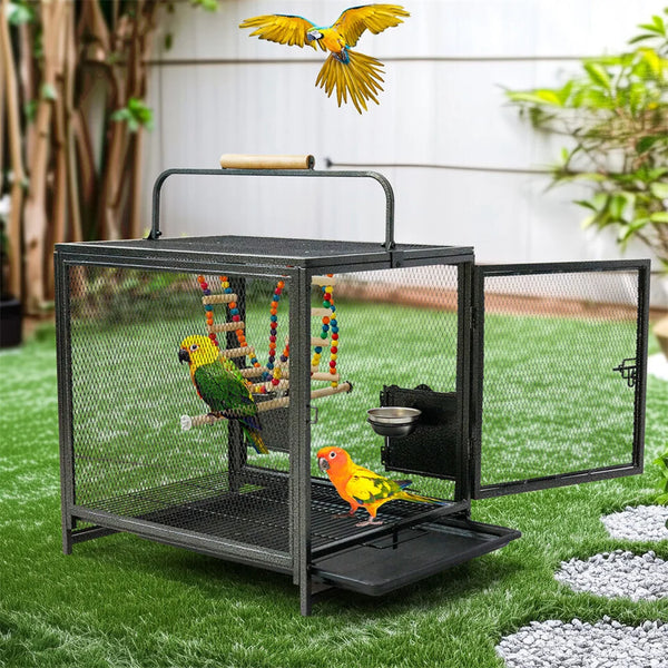 Heavy-Duty Metal Travel Bird Cage with Handle, Perches and Toys, 58 x 46 x 56cm