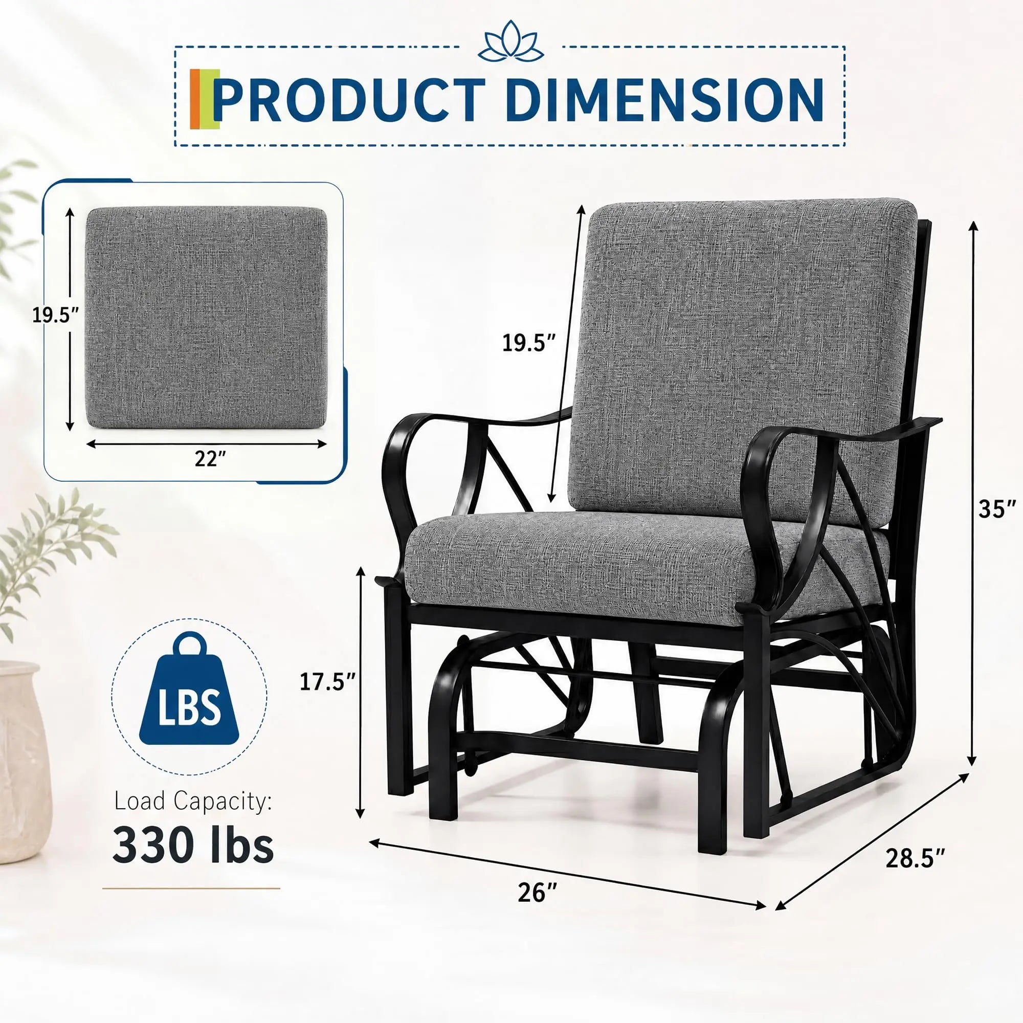 Porch Glider Rocking Chair 330lbs Heavy Duty Steel Frame Thick Cushion Ergonomic for Garden Patio Yard Lawn