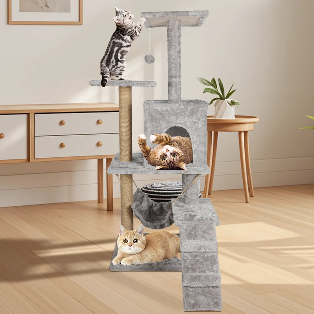 Kitten Cat Tree Tower Apartment 126cm with Staircase Bed Large Cat House Silver Grey