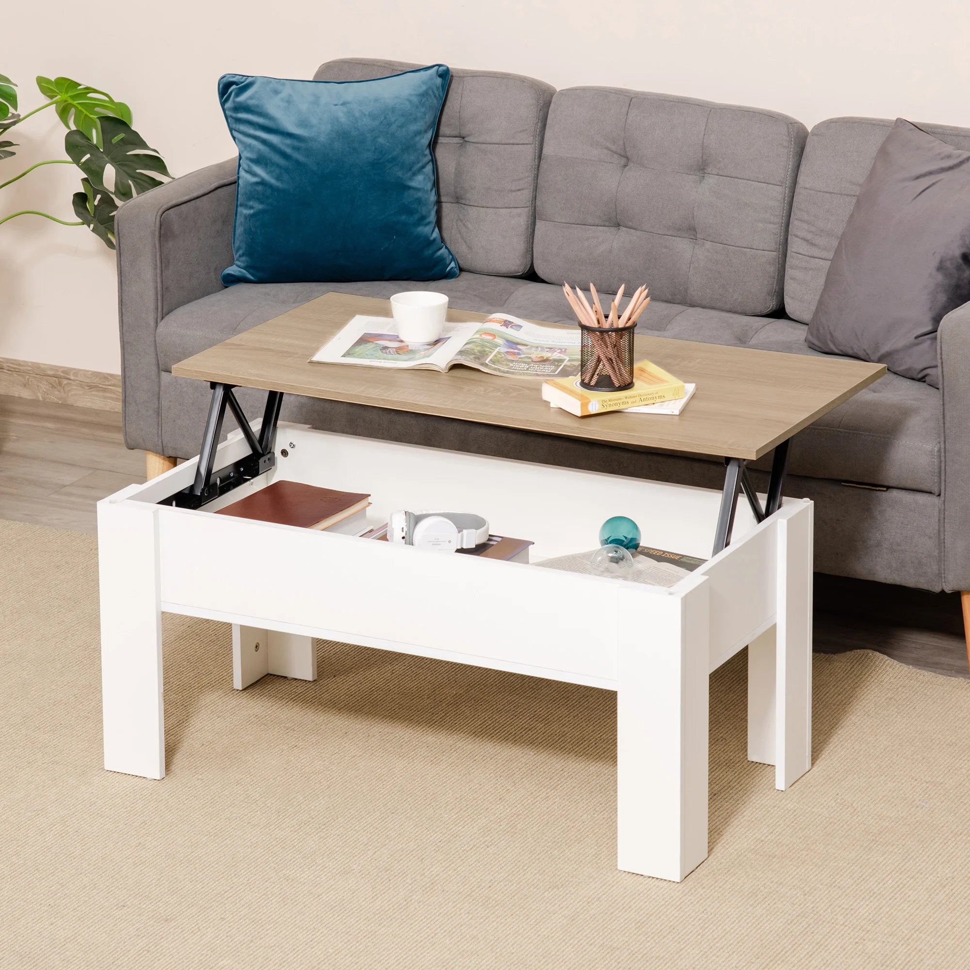 Lift Top Coffee Table with Hidden Storage Compartment Rising Desk for Living Room Home Office White Oak