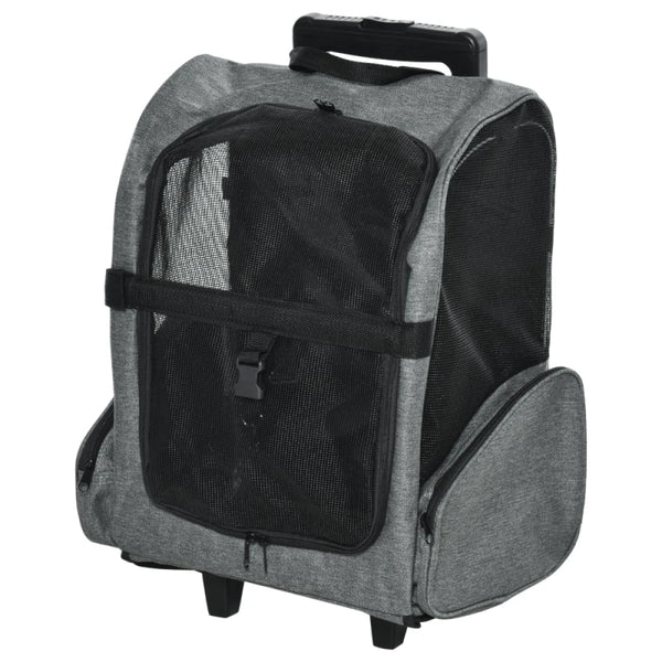 2 in 1 Pet Carrier Backpack with Wheels and Telescopic Handle Travel Trolley for Cats and Small Dogs Grey