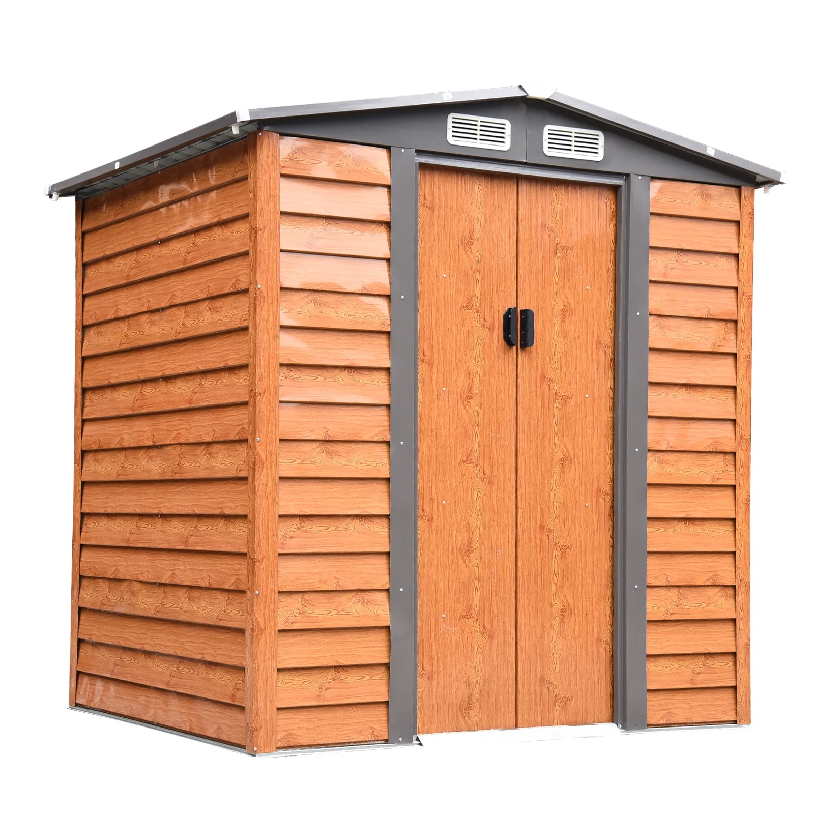 6.5 x 5ft Metal Garden Storage Shed with Sliding Lockable Door and Ventilation - Wood Grain Finish